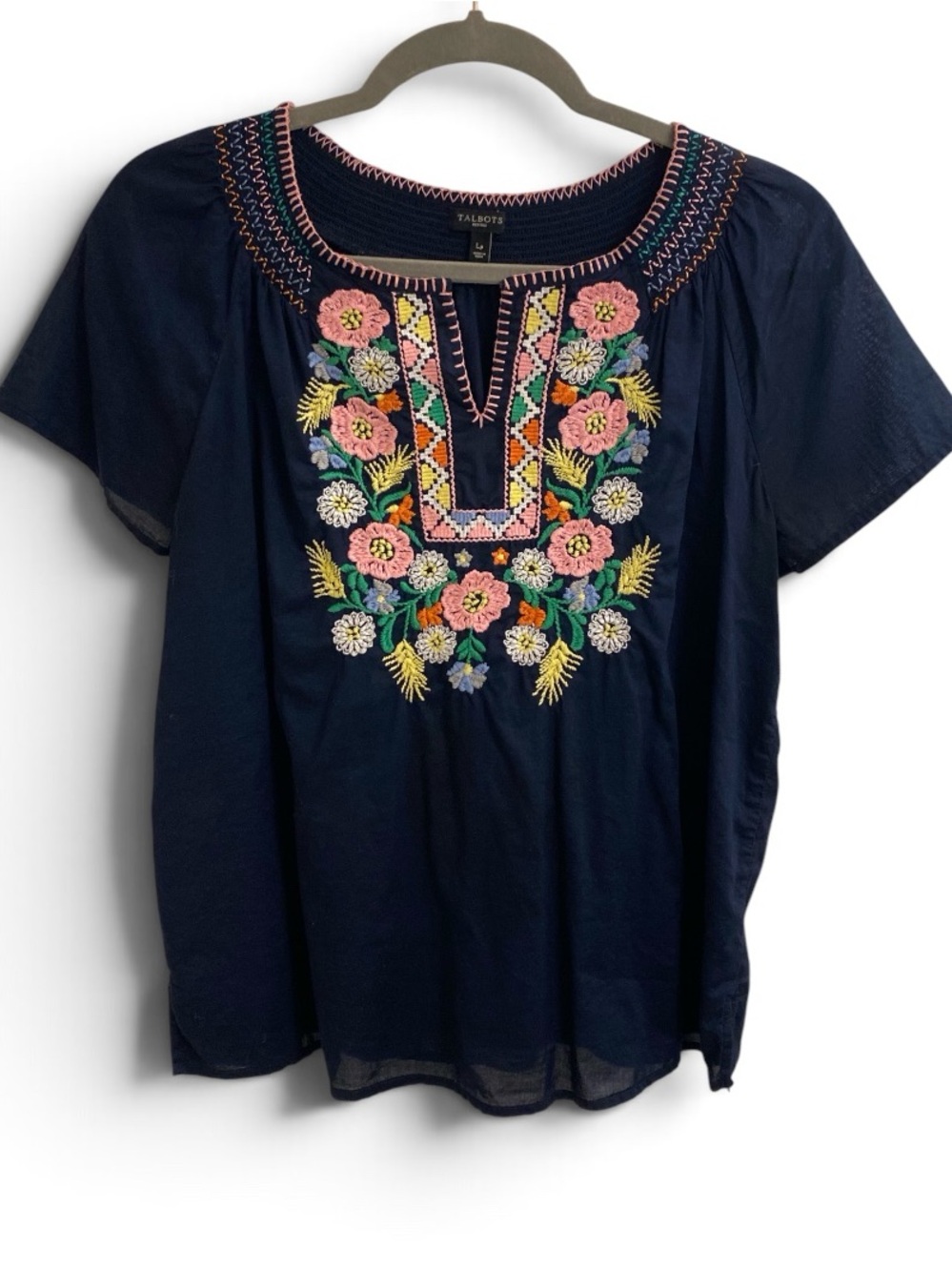 TALBOTS EMBROIDERED FLORAL SPLIT NECK PEASANT TOP NAVY BLUE BOHO LARGE PETITE